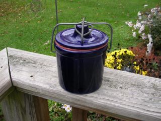 Vintage Cobalt/midnight Blue Butter Cheese Crock With Wire Bail Latch Lid photo