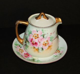 Antique Handpainted Signed Covered Creamer Or Syrup Pitcher W Saucer - Bavaria photo