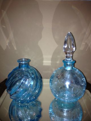 2 Large Aqua Blue Perfume Bottles Swirl Twist & Crackle Glass 1 Crystal Dauber photo
