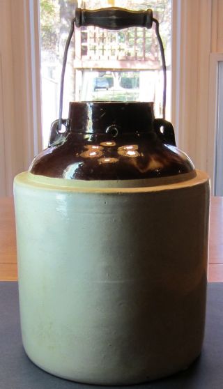 Antique Rare Large Crock With Wire / Wood / Wooden Bale Handle photo