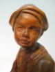 Mint Vintage Hand Wood Unpainted Carved Figurine Of Boy Holding A Duck Carved Figures photo 1