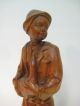 Mint Vintage Hand Wood Unpainted Carved Figurine Of Boy Holding A Duck Carved Figures photo 2