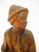 Mint Vintage Hand Wood Unpainted Carved Figurine Of Boy Holding A Duck Carved Figures photo 3