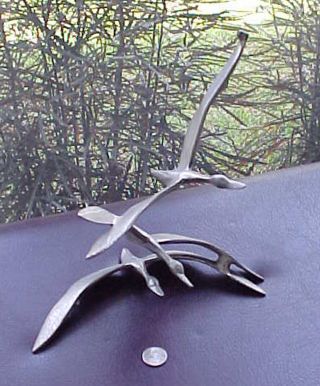 30s 40s Mid Century Flock Of 3 Geese Sculpture Nickel Chrome Brass Hood Ornament photo