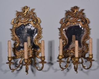 French Antique Louis Xv Rococo Gilt Bronze Mirror Sconces Candelabra W/ Cherubs photo