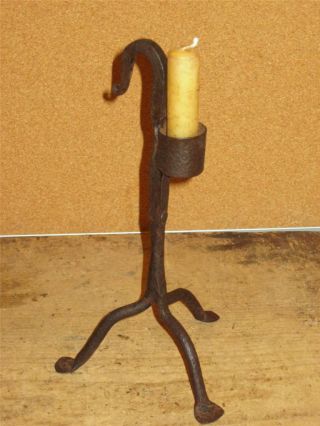 Extremely Rare 18th C Wrought Iron Candle Holder Rushlight In Great Old Surface photo