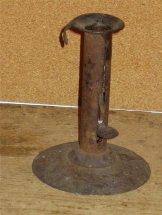 A Great Signed 18th C Tinned Iron Hogscraper Candlestick In Old Grungy Surface photo