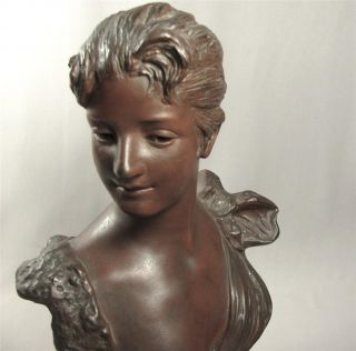 Old Signed Van Der Straeten Art Nouveau Cast Metal Bust,  Bronze Tone Lady,  Woman photo