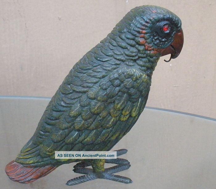 Rare 19th Century Cast Metal Painted Parrot Pocket Watch Holder / Stand Metalware photo