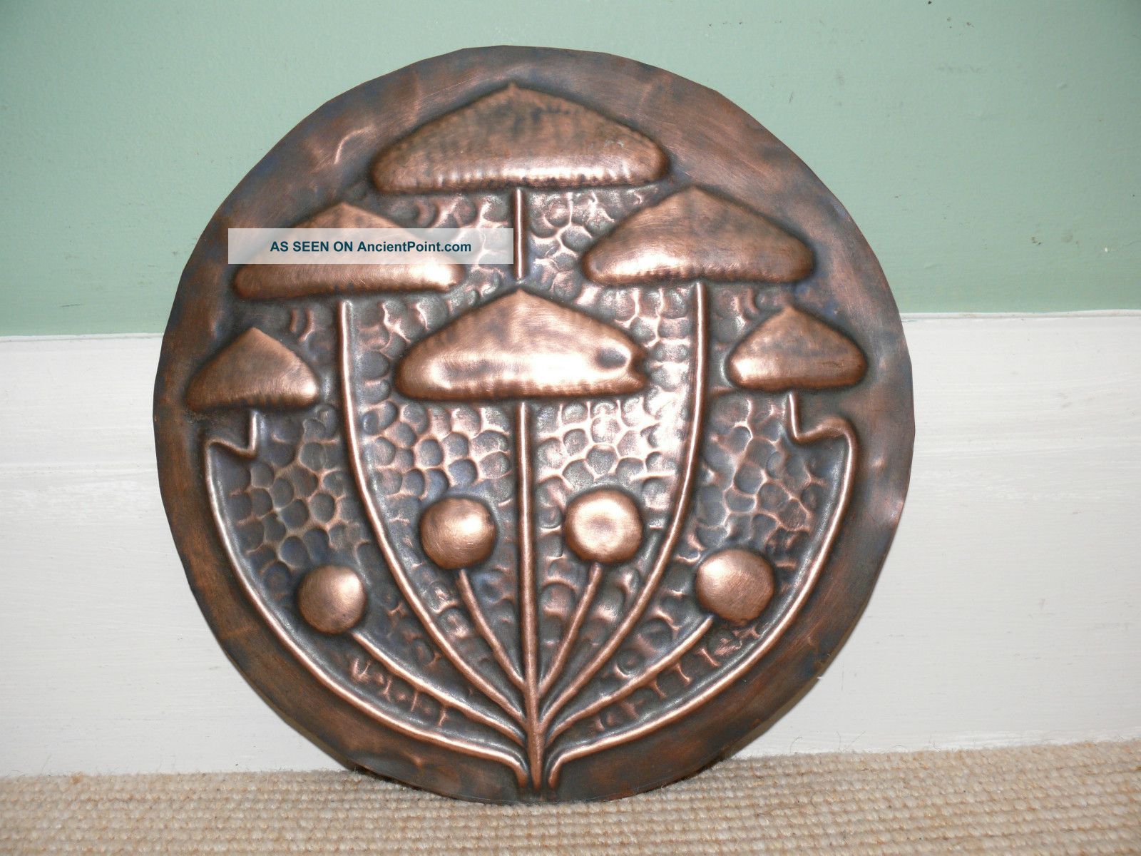 19thc Arts & Crafts Copper Charger With Stylised Toadstool Design Metalware photo