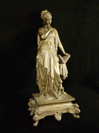 Signed 19th C.  German Spelter Robed Maiden Statue - Gorgeous Patina & Claw Feet photo