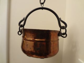 Antique Handmade Primitive Hanging Copper Cast Iron Cooking Pot - - Dovetail photo