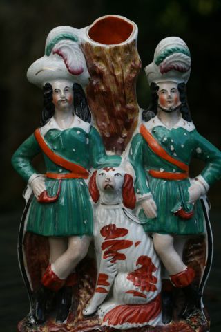 19th C.  Staffordshire Of Male Huntsman Figures With Dog & Spill Vase photo
