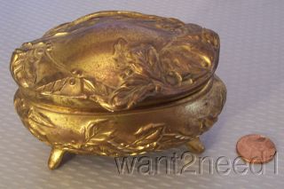 Antique Art Nouveau Holly Leaf & Berry Jewelry Casket Gilt Metal Hinged Box Xmas photo