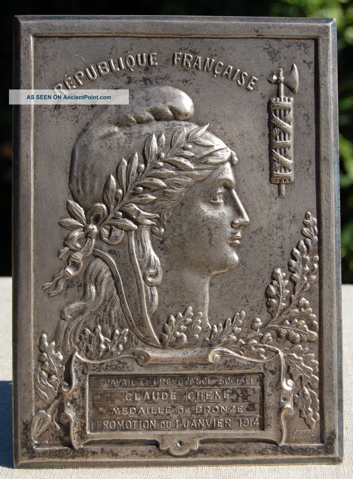 Antique French Award Plaque 1914 Tabletop Display Large Metalware photo