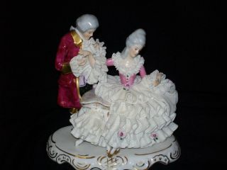 Antique German Porcelain Karl Klette Dresden Lace Victorian Couple Figurine photo