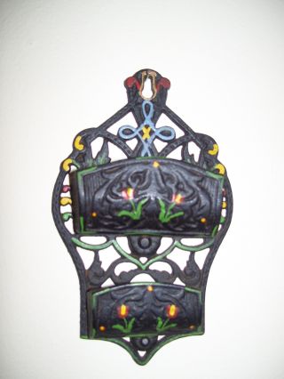 Vintage Wilton Cast Iron Match Holder Safe Two Tier Wall Mount Painted photo