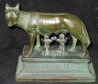 Vintage Romulus And Remus She Wolf Metal Figurine Great Patina photo