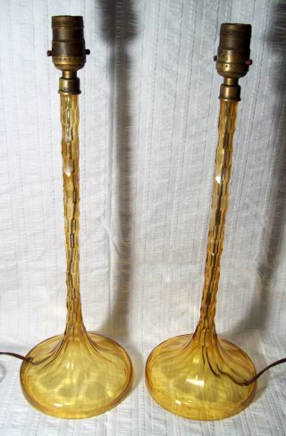 Set Of 2 Vintage/antique Vaseline Amber Glass Candlestick Lamps,  Faceted photo