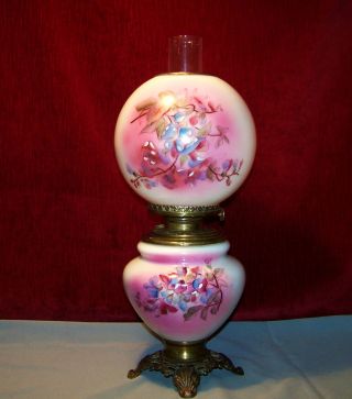 Antique Victorian Hand Painted Oil Lamp Orig Ball Shade & Base Cond Nores photo