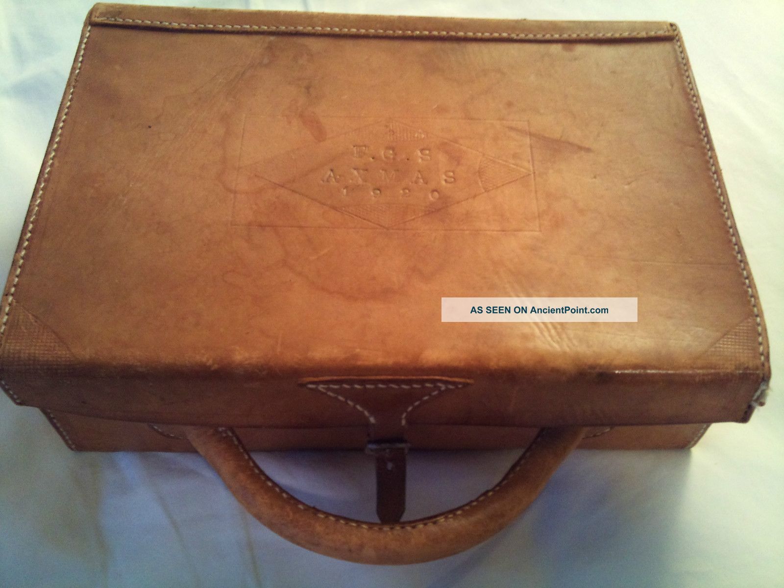 Antique Leather Brief Case Storage Box Lunch Xmas 1920 Boxes photo