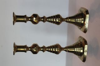 Pair English Push - Up Brass Candlesticks 19th Century Diamond Beehive Pattern photo