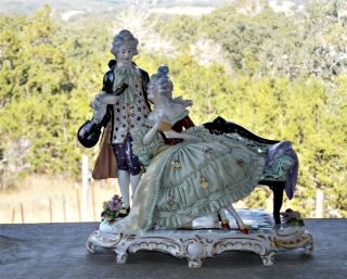 Antique Dresden E&a Muller Porcelain Lace Figurine Man Woman Sofa Violin & Music photo