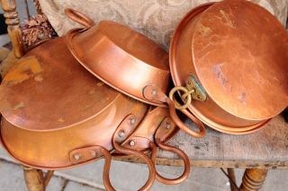 Antique Hammered Copper Pans Mold W Tin Lined Patina 5lbs photo