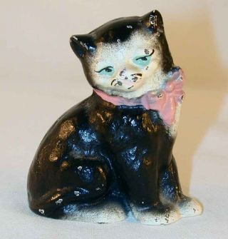 Vintage Cast Iron Small Paperweight Cat Figurine Black With Blue Eyes & Pink Bow photo