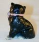 Vintage Cast Iron Small Paperweight Cat Figurine Black With Blue Eyes & Pink Bow Metalware photo 2