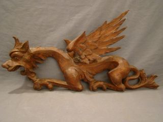 Lg 19thc Antique Victorian Wood Dragon Winged Griffin Gothic Castle Wall Statue photo