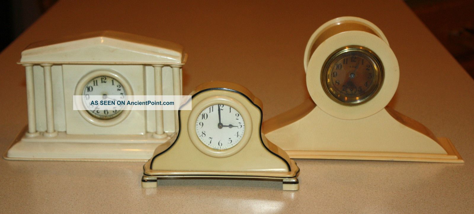 3 Different Antique Celluloid Wind Up Clocks,  1920s Vanity & Shelf Clocks Clocks photo