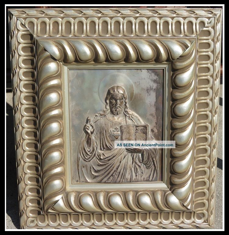 Unusual Antique French Silver On Bronze Religious Icon Framed Nr Metalware photo