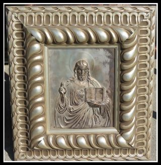 Unusual Antique French Silver On Bronze Religious Icon Framed Nr photo