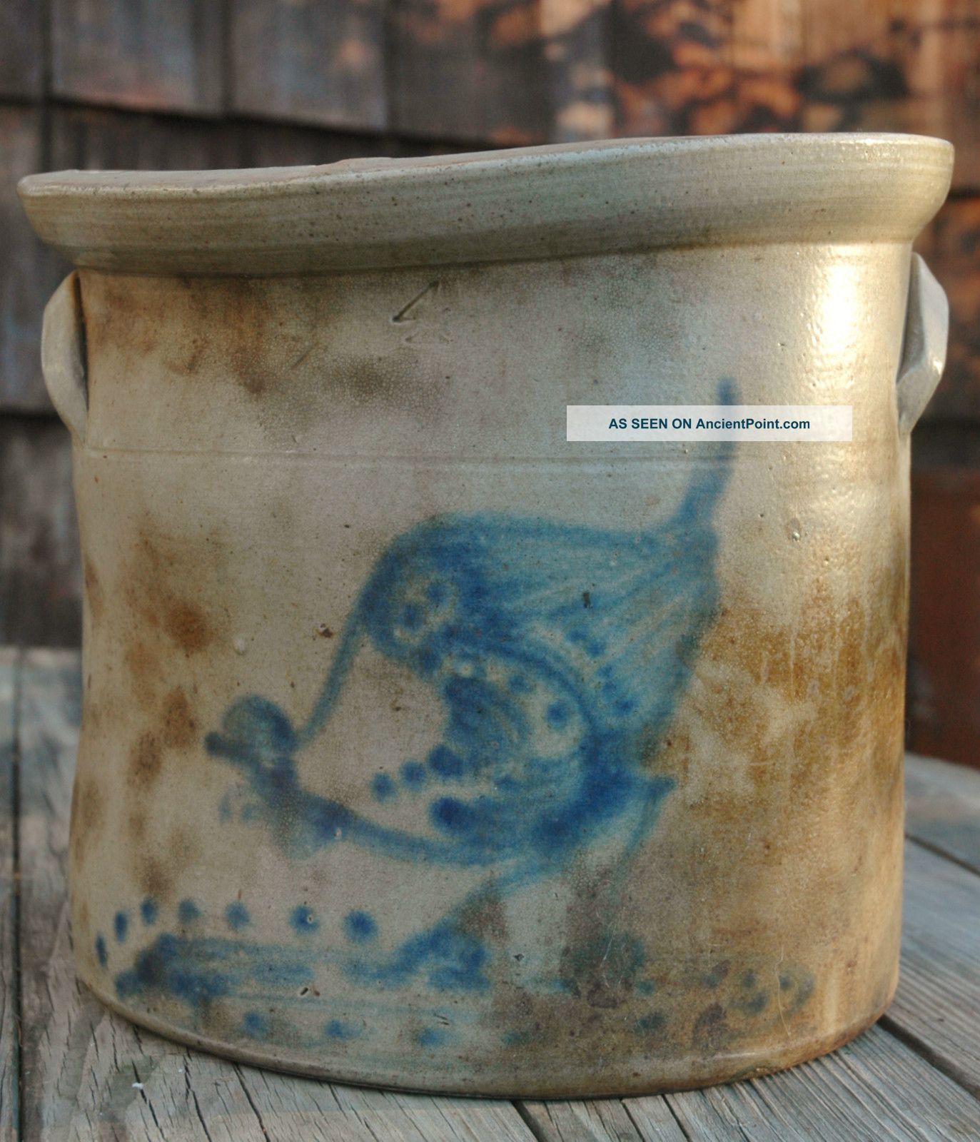Antique Stoneware 4 Gallon Cobalt Crock. . .  Chicken Feeding. . .  Damaged In Kiln Crocks photo