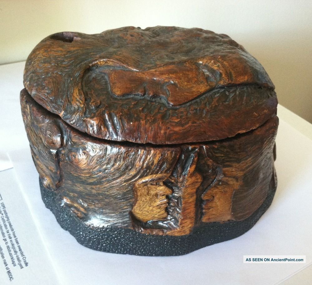 Vintage Antique Hand Carved Wood Folk Art Snuff Tobacco Box Cypress Tiger Rare Boxes photo