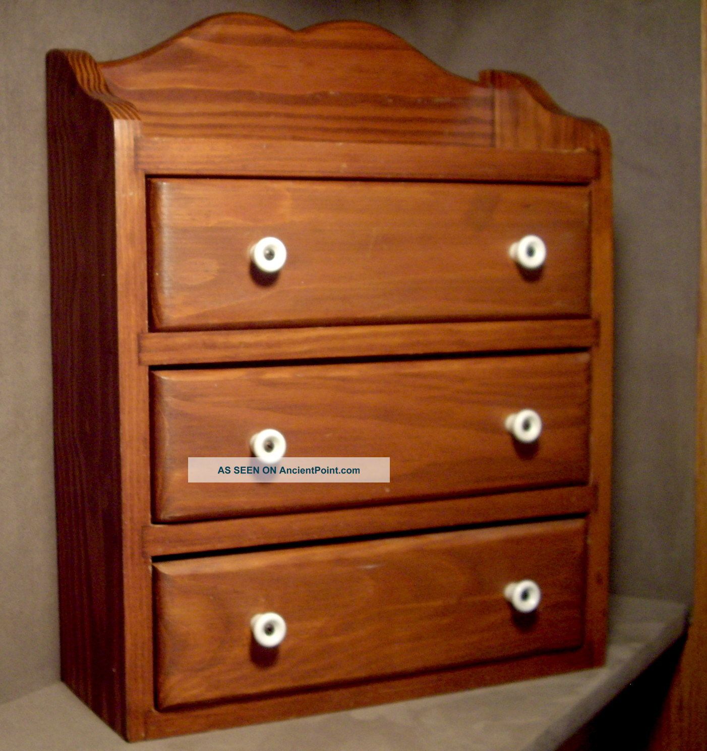 Vintage Table Top / Wall Hung Three Drawer Wood Chest With White Porcelain Pulls Boxes photo