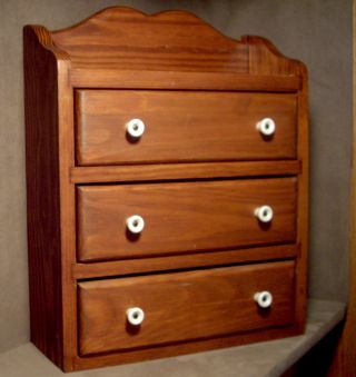 Vintage Table Top / Wall Hung Three Drawer Wood Chest With White Porcelain Pulls photo