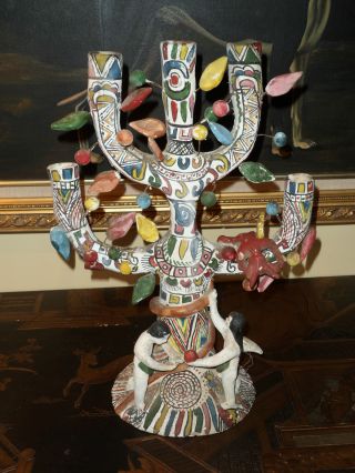 Antique Mexican Pottery Candelabra With Sacred Symbols - 