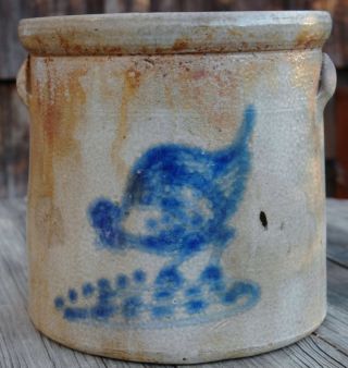 Antique Stoneware 3 Gallon Crock With Cobalt Chicken Feeding photo