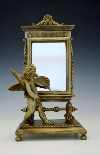 Very Fine 19c French Figural Bronze Winged Cherub Gazing In Mirror photo