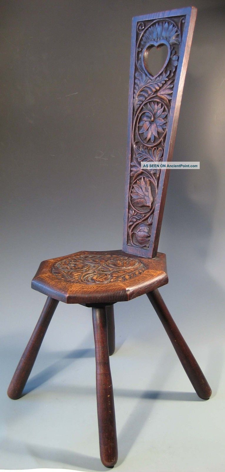 Alpine German Swiss Austrian Carved Foliates Wood 4 Leg Highback Stool 19th C. Other photo