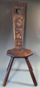 Alpine German Swiss Austrian Carved Foliates Wood 4 Leg Highback Stool 19th C. Other photo 1