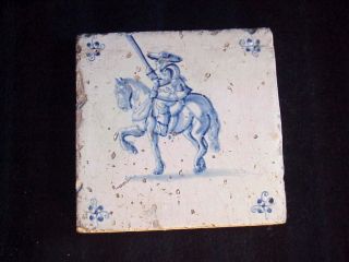 Fine Antique 18th Century Delft Tile Of A Horseman (possibly 17th Century) photo
