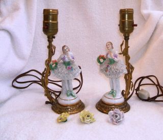 Pair Of Antique German Volkstedt Dresden Lace Ladies With Flowers Lamp Figurine photo