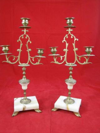 Antique Pair Of Brass Marble French Candelabra Set photo