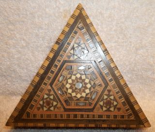 Antique Marquetry Folk Art Inlaid Wood Triangle Sewing Or Trinket Box C.  1900 photo