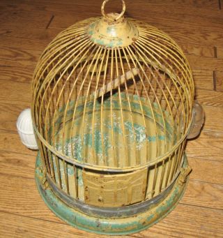 Antique Hendryx Beehive Bird Cage Orig Bowls Rare Spring Load Bird Base Clips photo