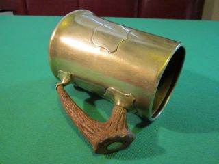 Antique Brass Arts & Crafts Era Tankard With Faux Horn Handle photo