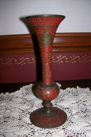 Fabulous Antique Cloisonne & Bronze Vase China? India? Intricate Red Enameling photo